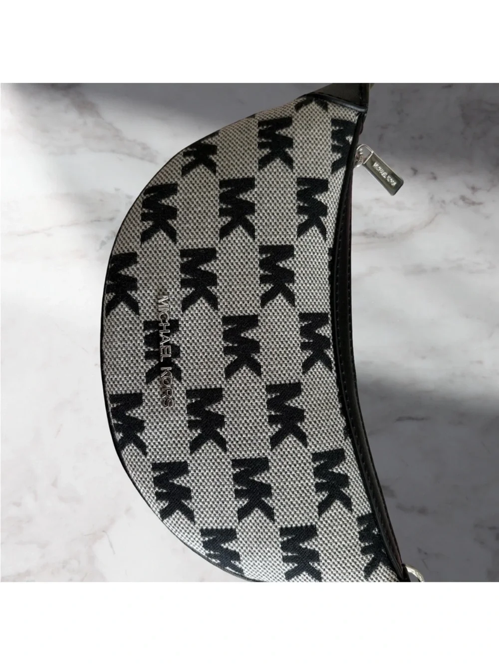 Michael Kors Black and White MK Monogram Crescent Shoulder Bag
